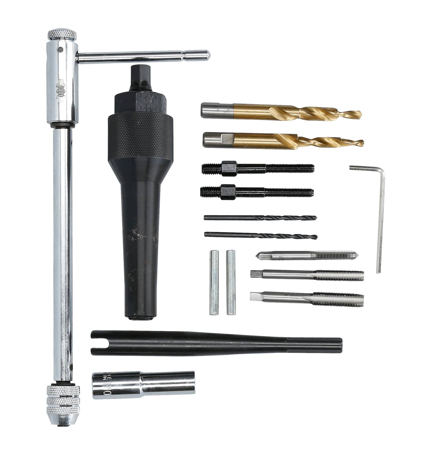 Une sélection d'outils pour la réparation de filetages, comprenant des tarauds, des forets, des outils de pose et des accessoires.