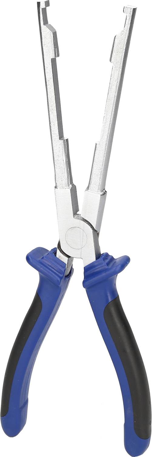 Pince bleu-noir avec une longue poignée étroite et une pointe dentée, adaptée pour une préhension ou une coupe précise dans des espaces restreints.