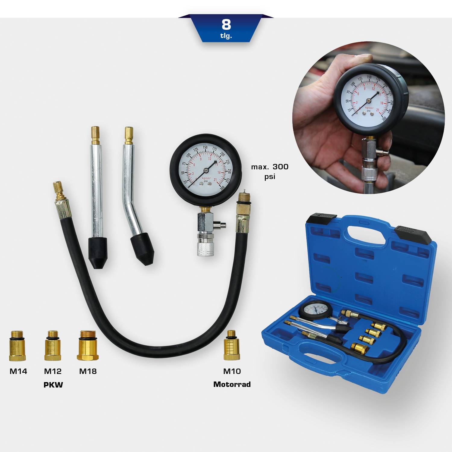 Un ensemble de testeur de pression avec manomètre, tuyaux et accessoires dans un coffret bleu. En bas à gauche, des adaptateurs pour différents types de véhicules.