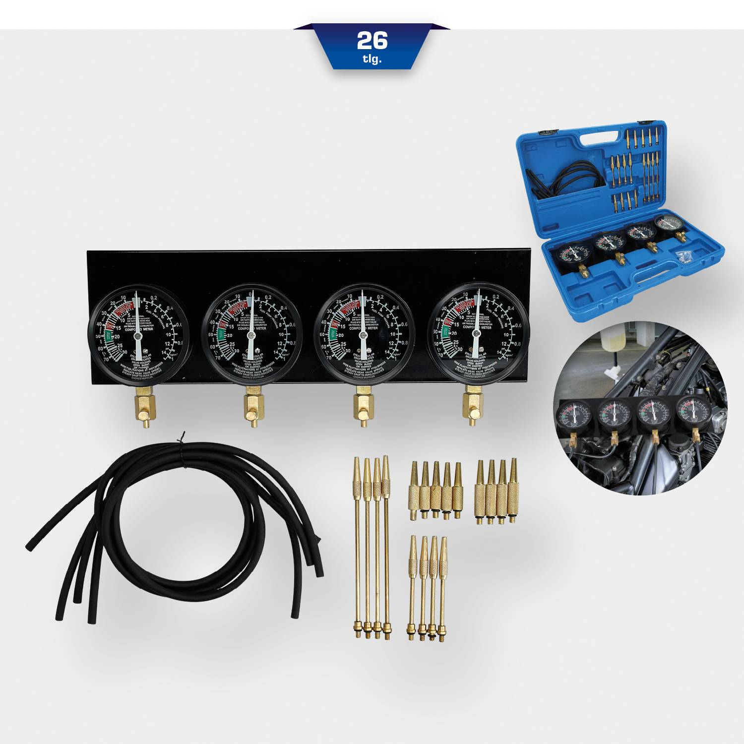 Kit de diagnostic moteur avec quatre instruments de mesure et accessoires dans un coffret bleu ouvert. Utilisé pour mesurer la pression de carburant.