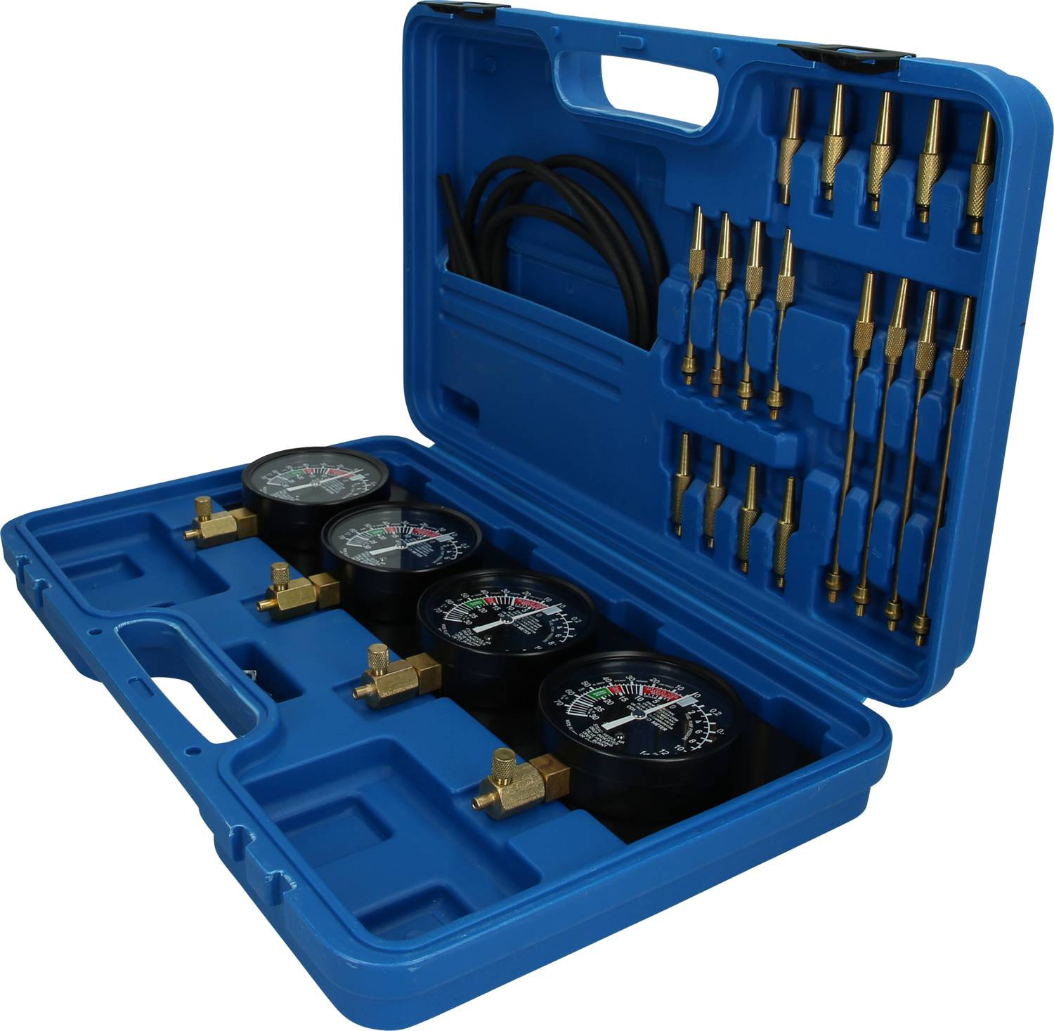 Une valise bleue contient un ensemble de manomètres et de tuyaux. Quatre manomètres affichent des valeurs de mesure. Différents raccords sont également inclus.