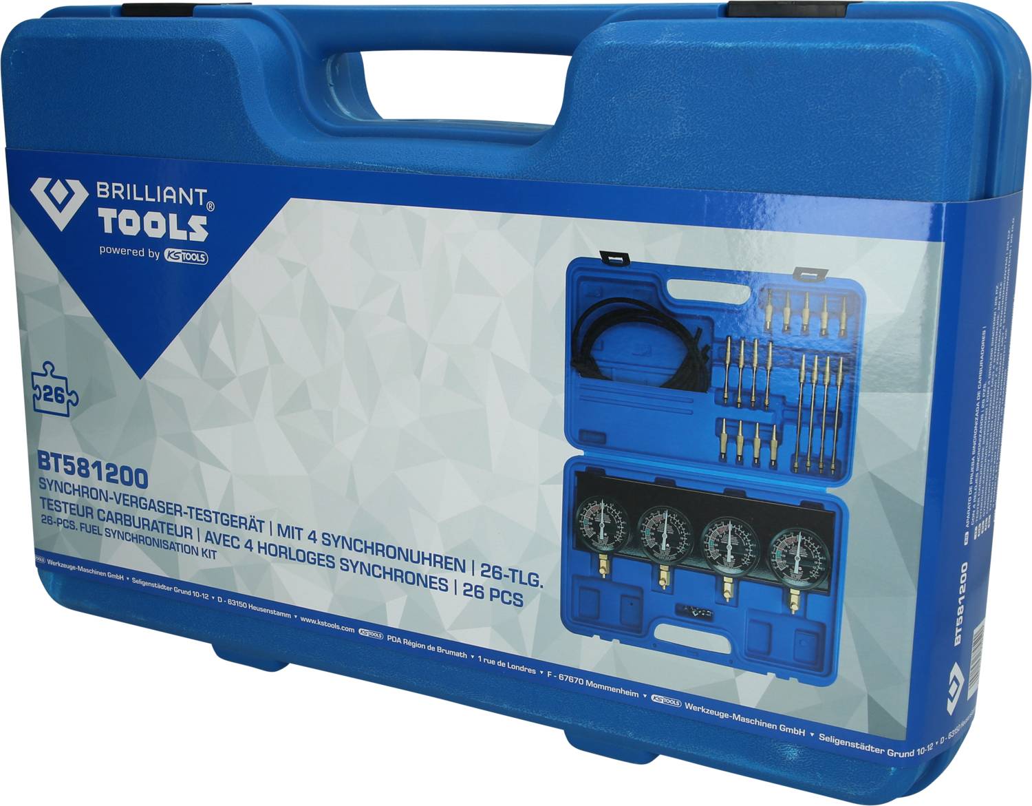 Valise bleue portant l'inscription 'BTS81200'. Contient un ensemble de test de carburateur synchrone de 26 pièces avec 4 horloges de synchronisation.