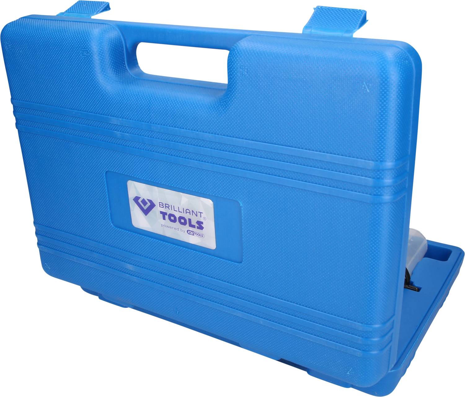 Boîte à outils bleue avec le logo "Brilliant Tools" sur la face avant. Contient des outils pour des projets de bricolage.