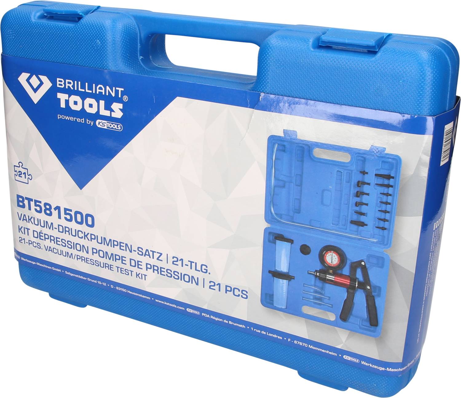 Coffret à outils bleu avec 'Ensemble de pompes à vide et à pression' comprenant 21 pièces. Contient des pompes et leurs accessoires. Marque : Brilliant Tools.