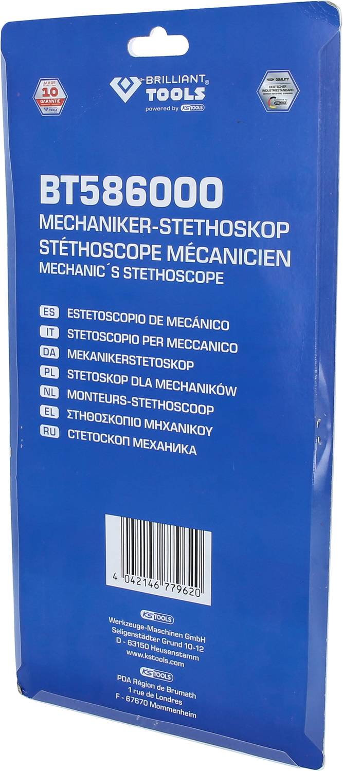 Emballage du 'BT586000 Stéthoscope mécanique'. Contient des informations sur le produit dans différentes langues.