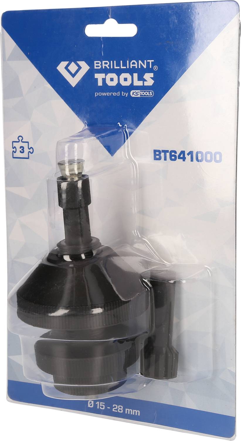 Clé de vidange 'Brilliant Tools' BT641000 en emballage, adaptée pour des diamètres de tuyau de 15-28 mm.