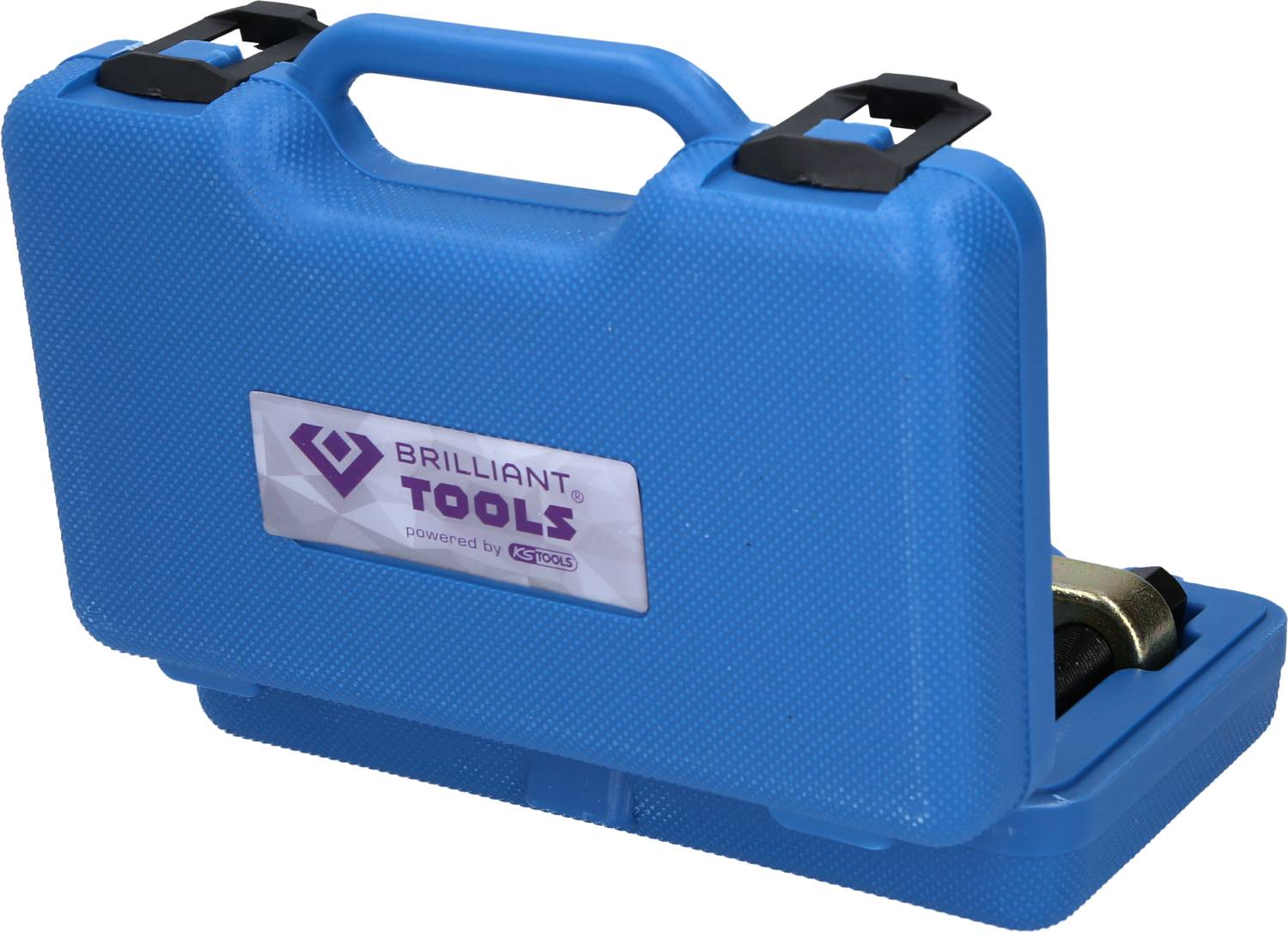 Mallette à outils bleue portant l'inscription 'Brilliant Tools powered by KS Tools', légèrement ouverte, montrant les outils à l'intérieur.