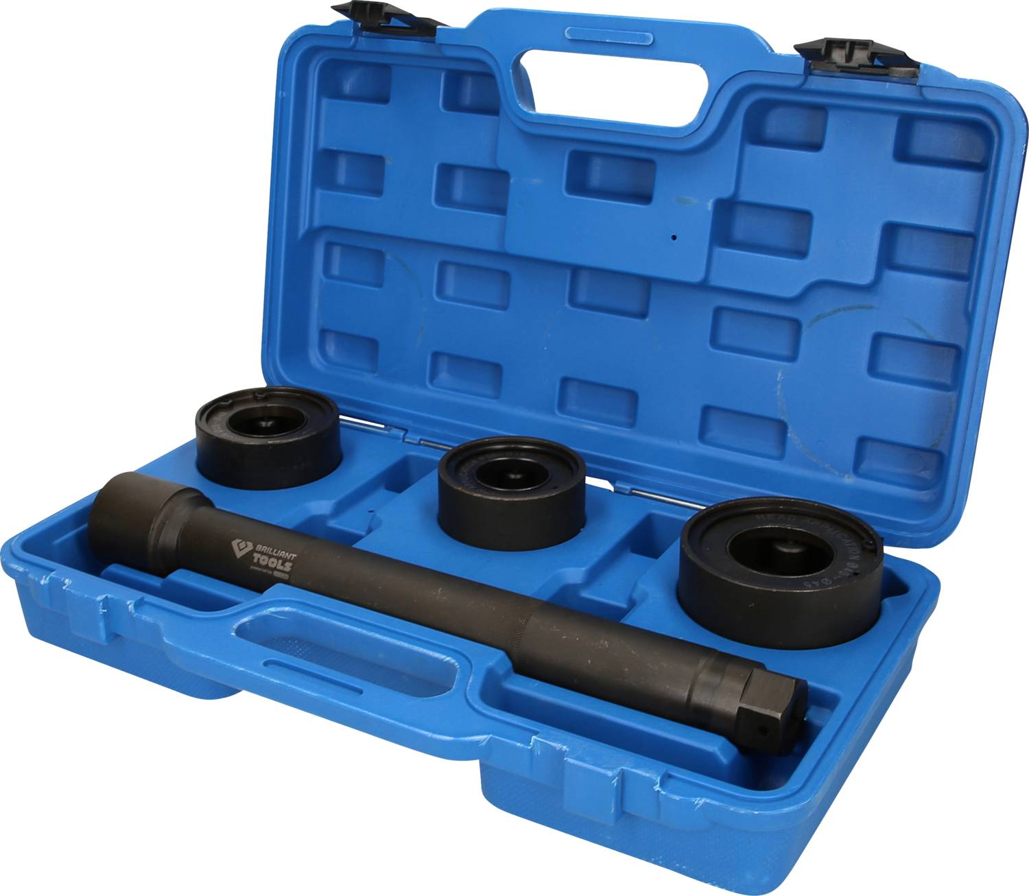 Valise bleue contenant un coffret d'outils : comprenant une tige et trois adaptateurs ronds. Adapté pour des tâches spécifiques de montage ou démontage.