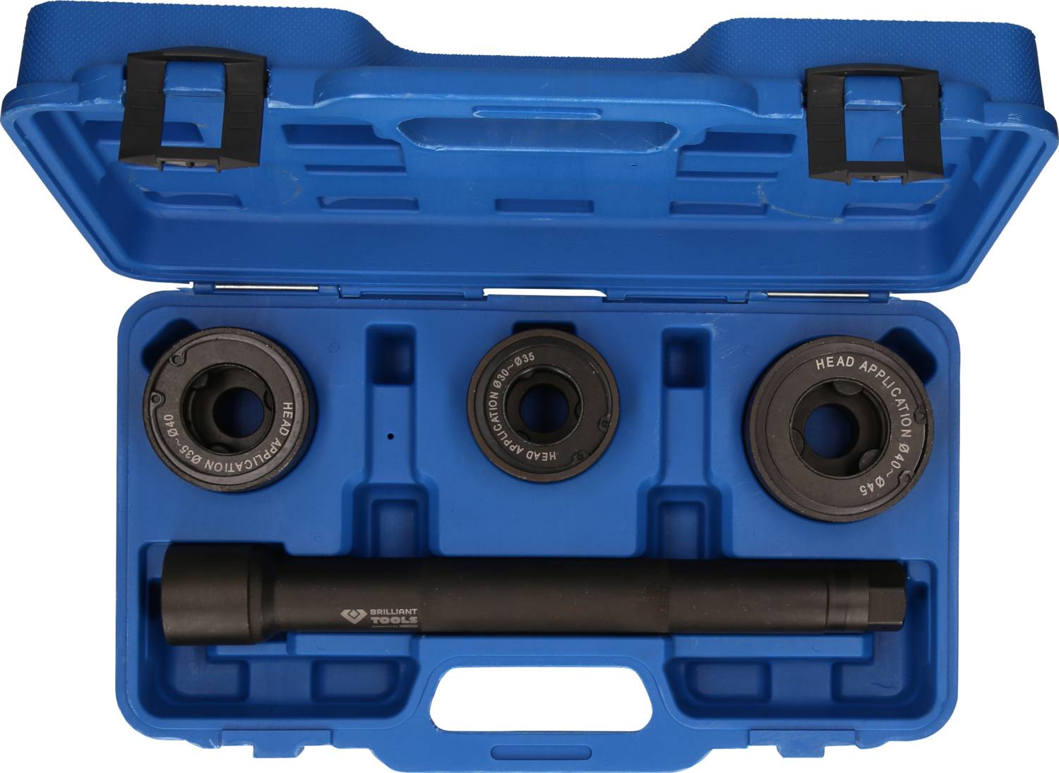 Un étui en plastique bleu contenant quatre têtes d'outils circulaires et un stylet en métal noir, adapté pour des outils de montage de tête.