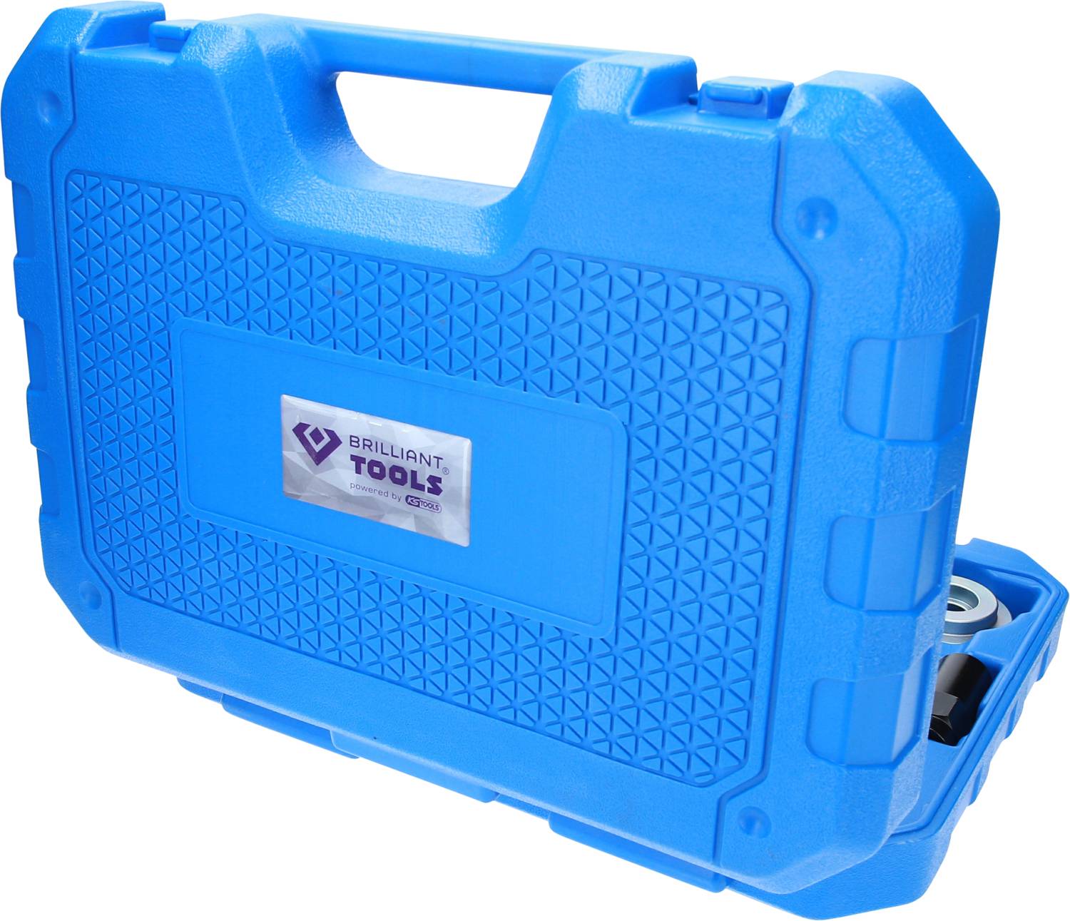 Une valise bleue portant le logo 'Brilliant Tools'. La valise présente un design structuré et est utilisée comme une mallette à outils.