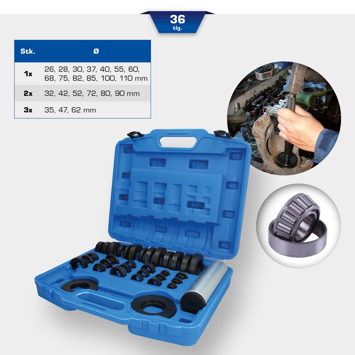 Une mallette à outils bleue de 36 pièces, comprenant divers anneaux et outils. À côté, une image illustrant son utilisation.
