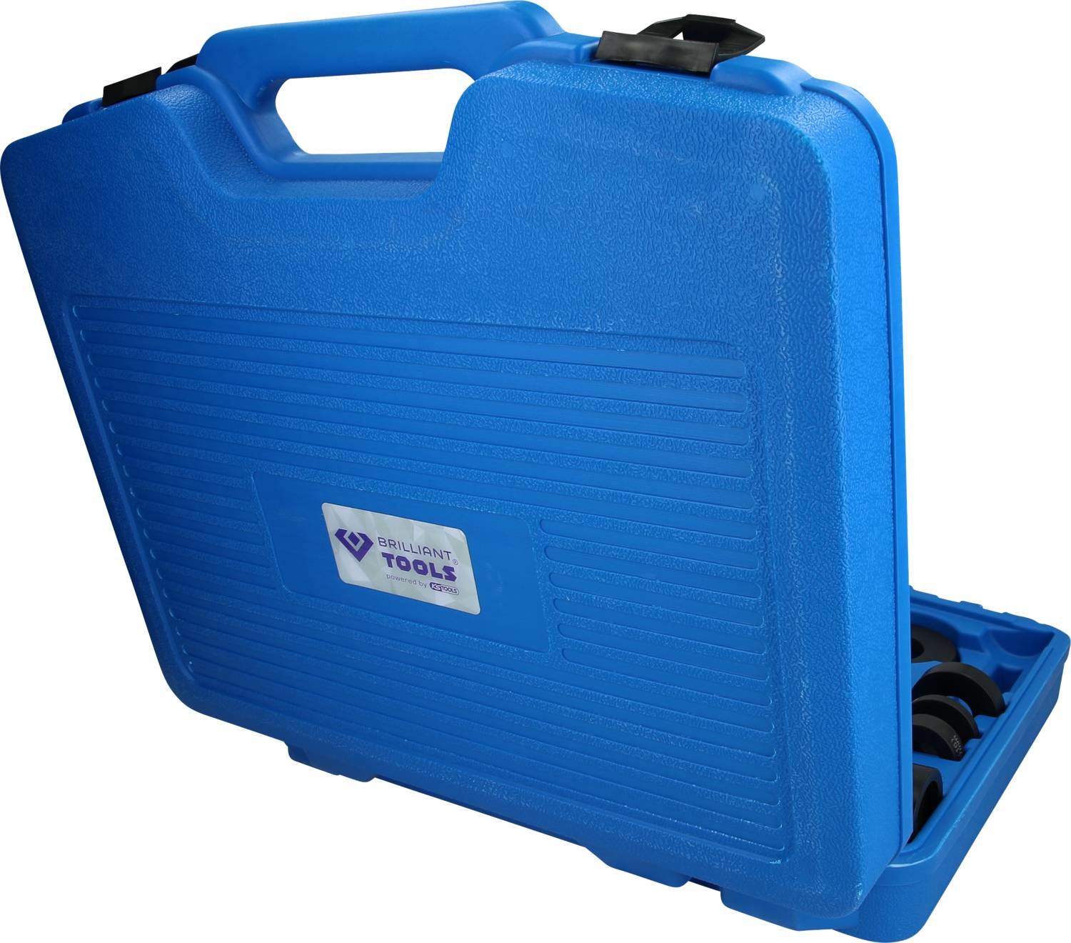 Coffret à outils bleu avec poignée de transport et clips de fermeture, légèrement ouvert. Contient des outils artisanaux.