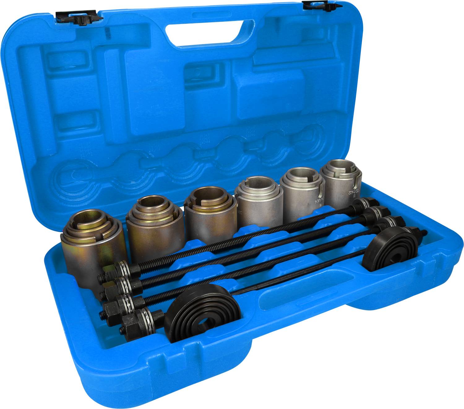 Une valise à outils bleue contenant plusieurs pièces métalliques cylindriques et des tiges filetées, rangées dans des compartiments adaptés.