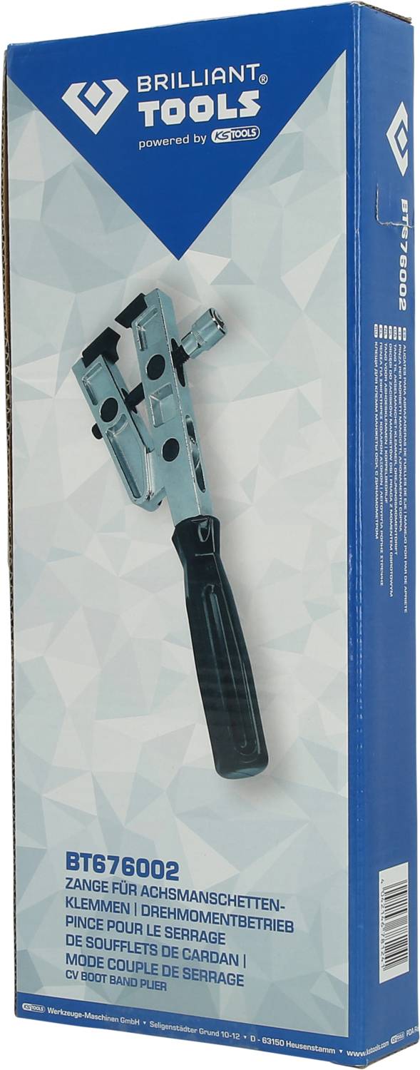 Emballage bleu et blanc d'une pince à rotule de Brilliant Tools. L'outil est représenté sur l'emballage, accompagné de la désignation du produit et du logo.
