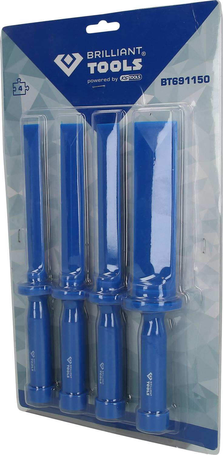 Kit de coins en plastique 'Brilliant Tools' en blister. Quatre coins bleus de largeurs différentes. Emballage avec logo et numéro de modèle.