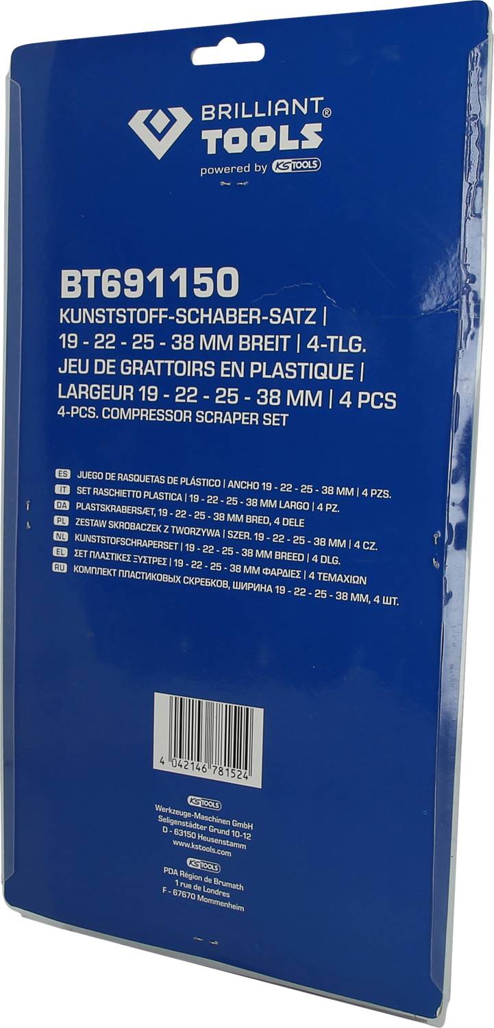 Carton d'emballage bleu pour un ensemble de raclettes en plastique, portant l'inscription 'BT691150' et des indications de taille en plusieurs langues.