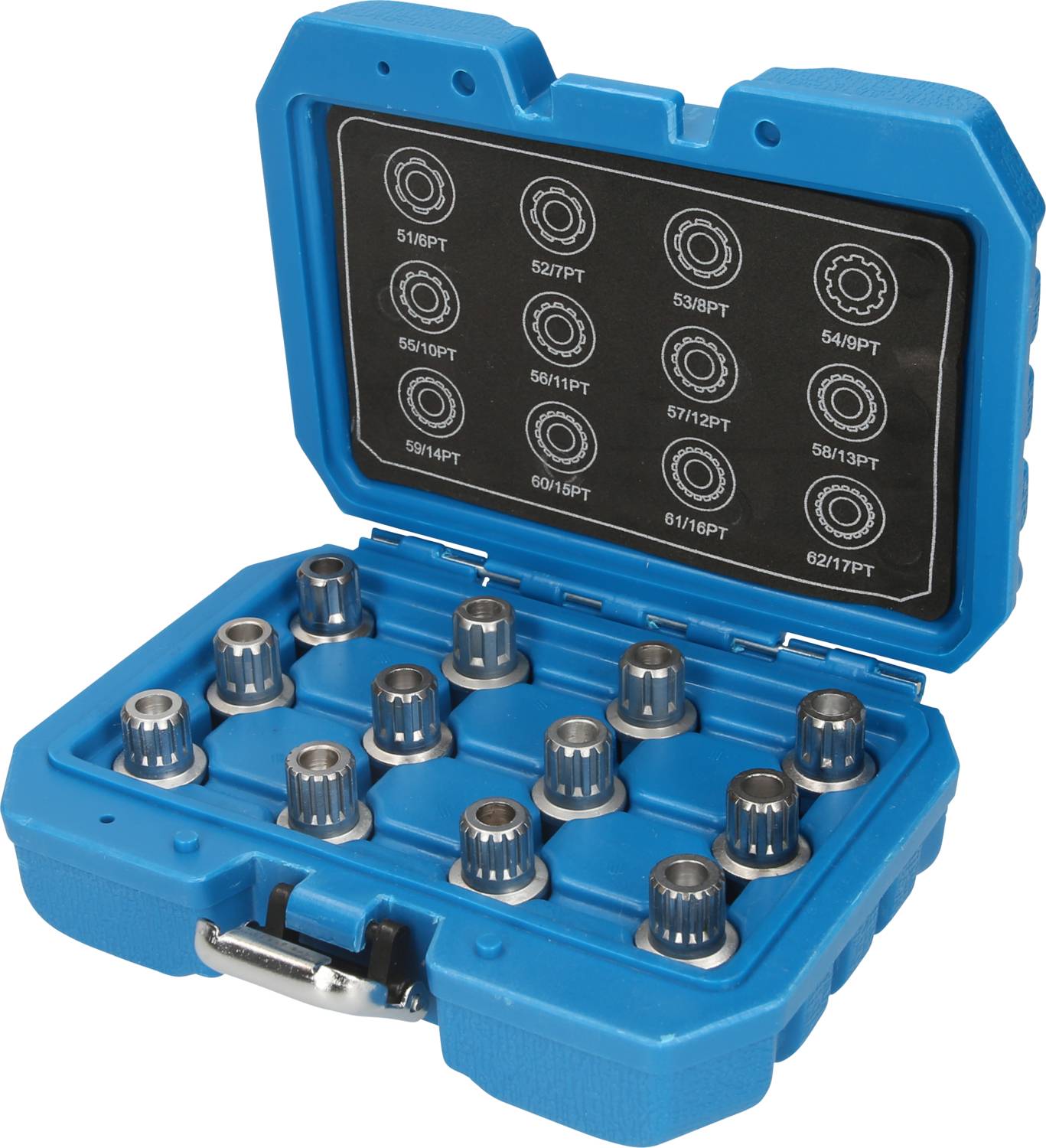 Valise bleue contenant 14 douilles. Le couvercle intérieur présente différentes tailles de douilles. Trousse à outils pour réparations automobiles ou mécaniques.