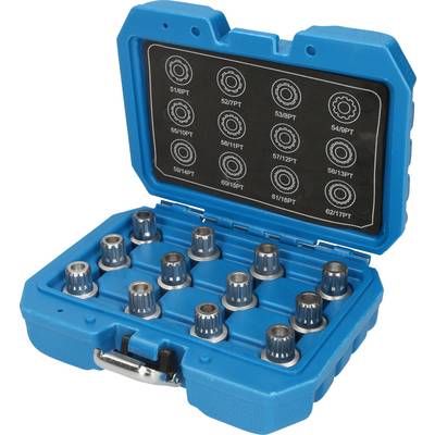 Valise bleue contenant 14 douilles. Le couvercle intérieur présente différentes tailles de douilles. Trousse à outils pour réparations automobiles ou mécaniques.