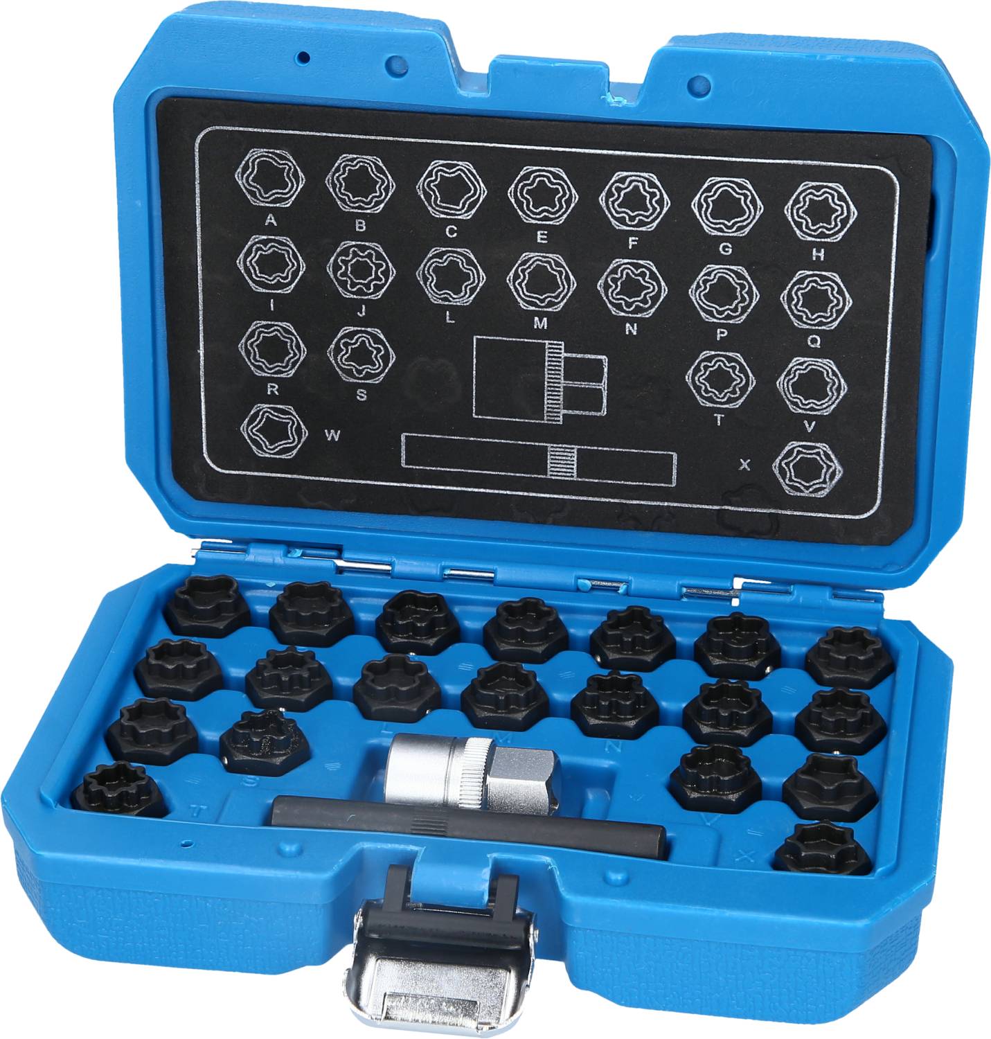 Coffret de bits "Stern-Bit-Set" en plastique bleu, contenant 24 bits et adaptateurs différents, représentés avec des lettres de référence pour les bits.