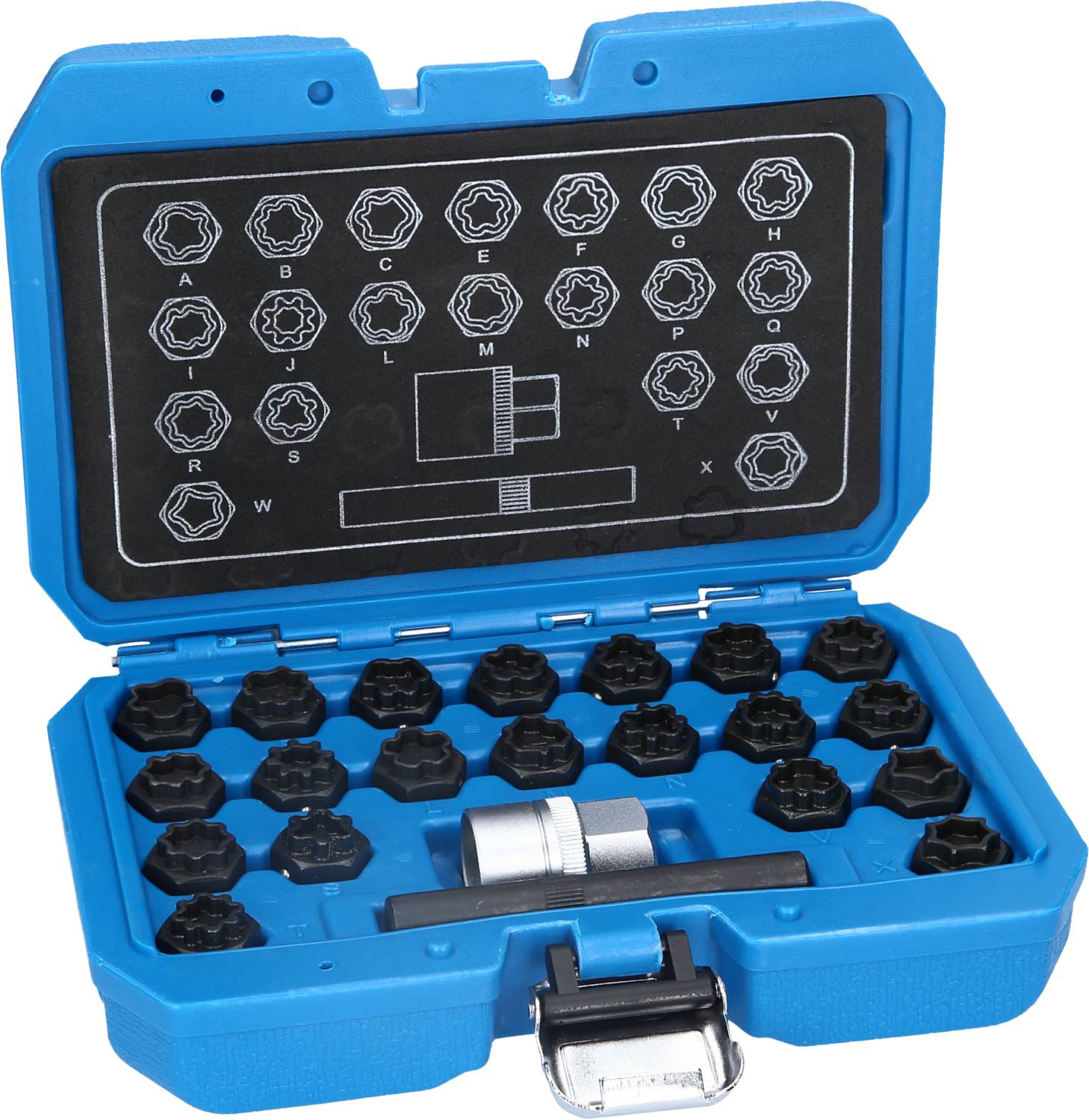 Une boîte à outils bleue contenant différents embouts noirs disposés de manière organisée ; comprenant un total de 25 pièces.