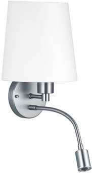 Applique murale avec socle argenté et abat-jour blanc. Un bras flexible avec une petite lampe est fixé à la base.