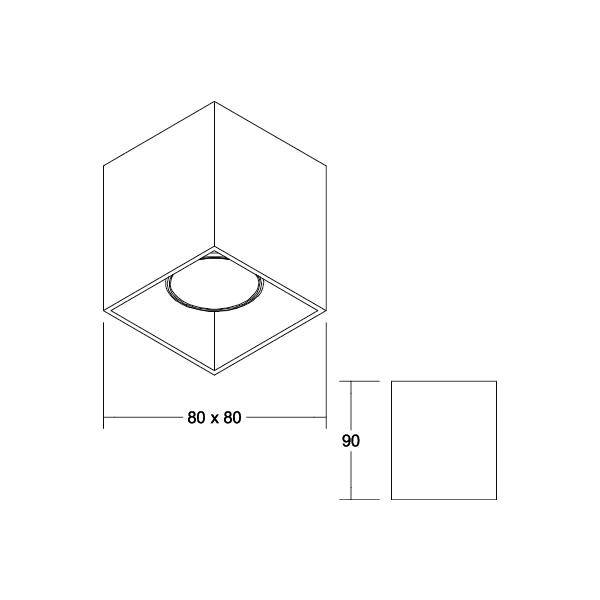 Dessin d'un luminaire de plafond cubique de dimensions 80x80 mm et de hauteur 90 mm, avec sortie de lumière centrale.
