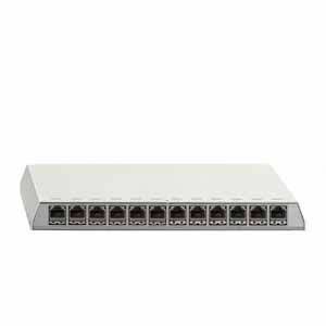 Un commutateur réseau blanc avec 16 ports Ethernet alignés. Conçu pour la distribution de données dans les réseaux de petite à moyenne taille.