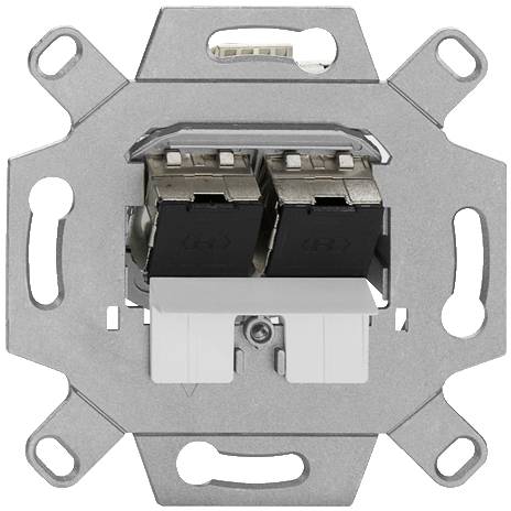 Prise réseau double dans un cadre métallique, adaptée à l'installation murale, avec deux ports RJ45, design rectangulaire.