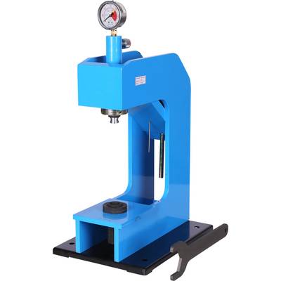 Une presse d'atelier hydraulique bleue avec manomètre et plaque de base, utilisée pour divers processus de pressage industriels.