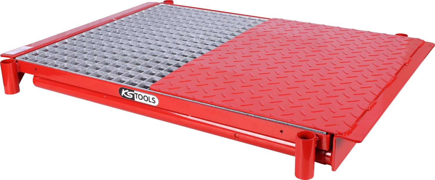 Plateforme plate et simple avec un côté en grille métallique et l'autre en métal plein. Marquée 'KS Tools'.