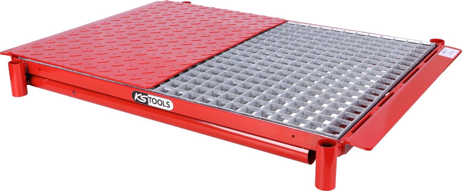 Bac de récupération métallique avec couvercle strié rouge et côté ouvert en grille, adapté à la collecte de liquides, logo KS Tools visible.
