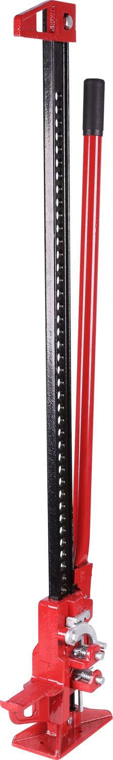Cric rouge, levé, avec mécanisme de levier noir et longue poignée, positionné verticalement. Adapté pour soulever des véhicules.