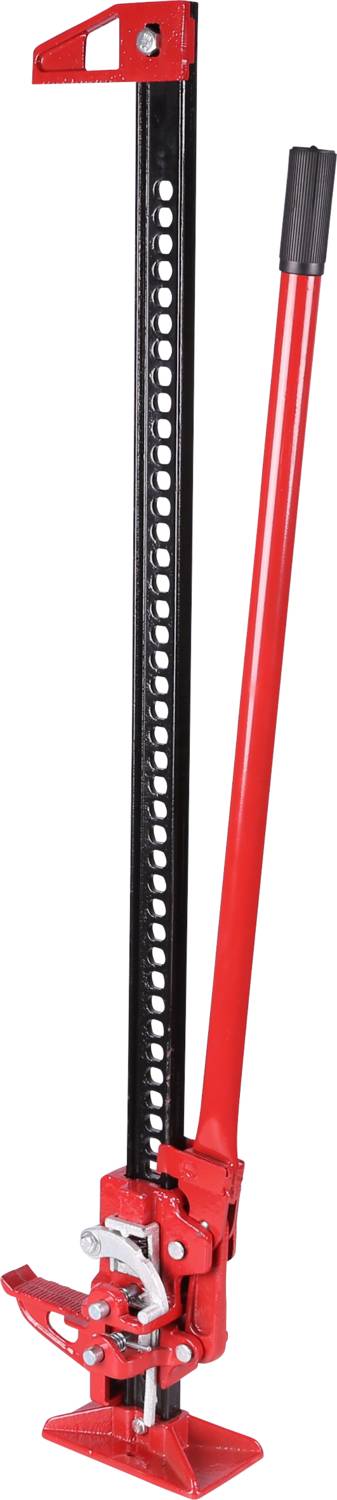 Un cric rouge avec un long levier, adapté aux véhicules lourds.