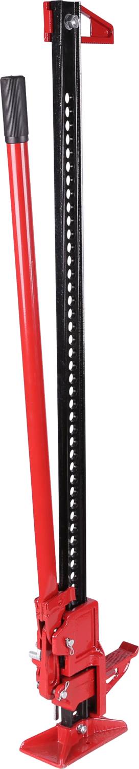 Un cric rouge avec un long levier. Adapté pour soulever des véhicules ou des objets lourds.