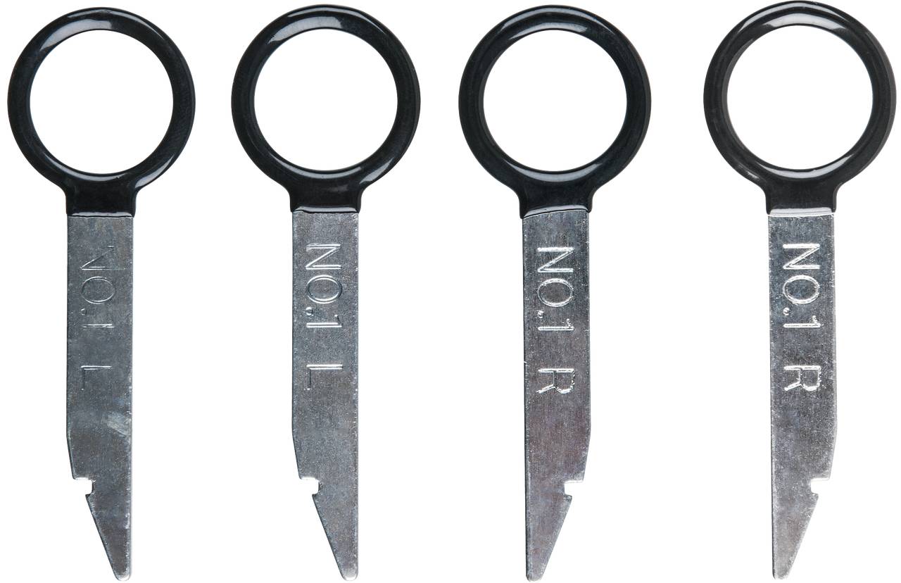 Quatre outils de mesure argentés avec des poignées noires, chacun portant l'inscription 'NO.1 L' ou 'NO.1 R', alignés en rangée.