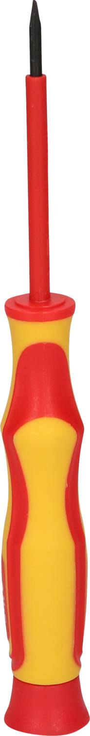 Un tournevis rouge et jaune avec une poignée fine et une pointe étroite pour des travaux de précision.