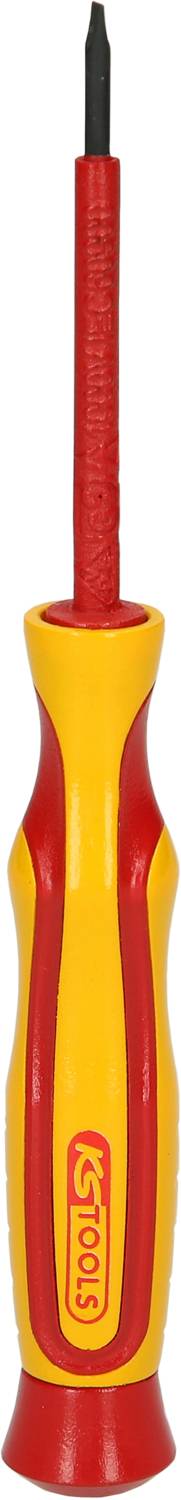 Tournevis à poignée rouge et accents jaunes. Pointe adaptée pour un travail précis. Outil pour applications artisanales.