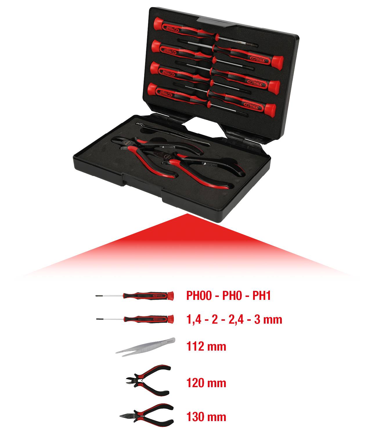 'Ensemble de tournevis et pinces dans un boîtier noir. Comprend différents tournevis et pinces, dimensions : 112 mm, 120 mm, 130 mm.'