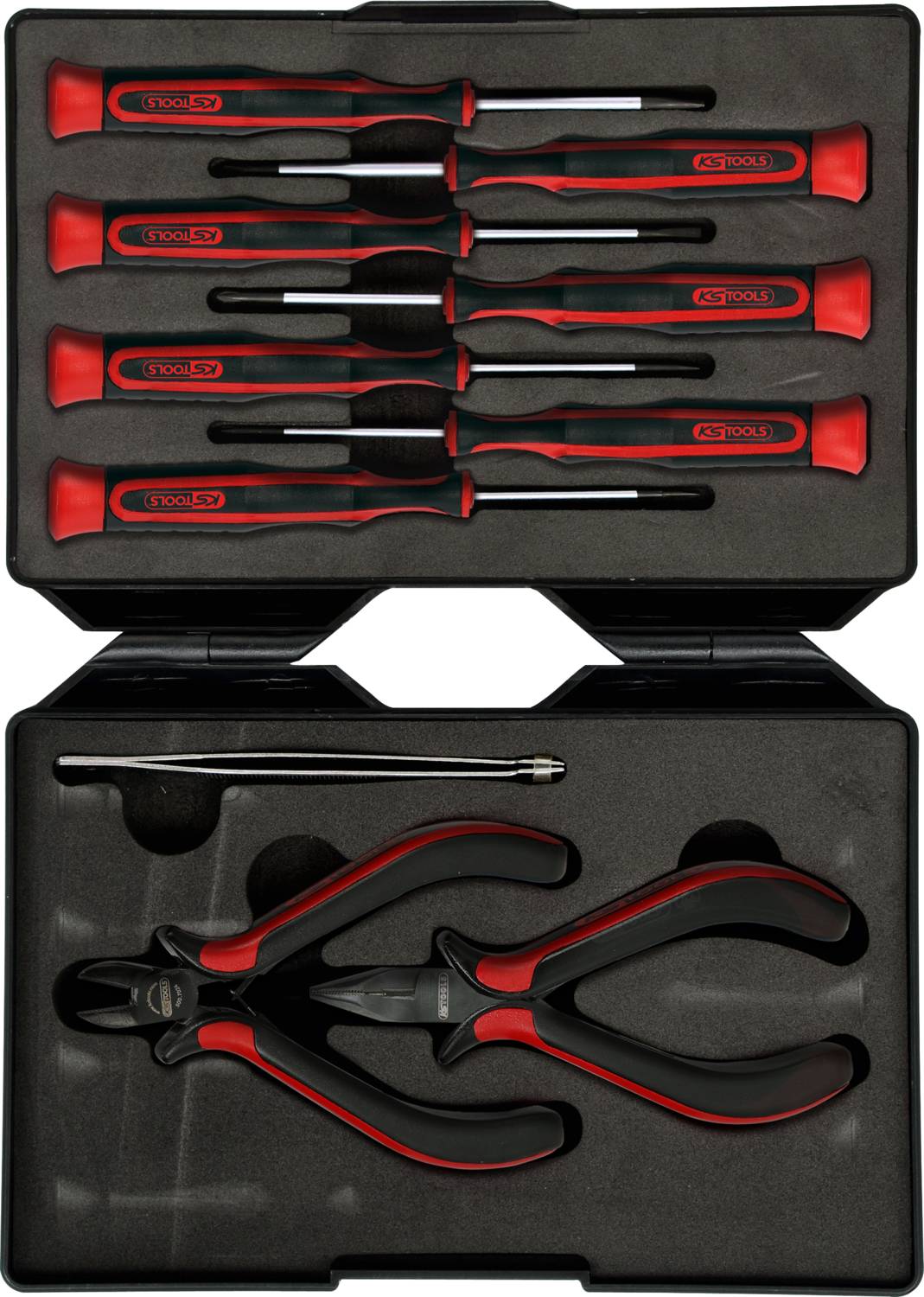 Un ensemble d'outils comprenant huit tournevis et une pince, soigneusement rangés dans un coffret en mousse noire.