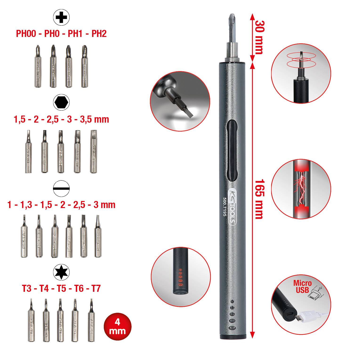 Tournevis électrique avec différents embouts interchangeables ; corps principal de 165 mm, porte-embout de 4 mm, rechargeable via Micro-USB.