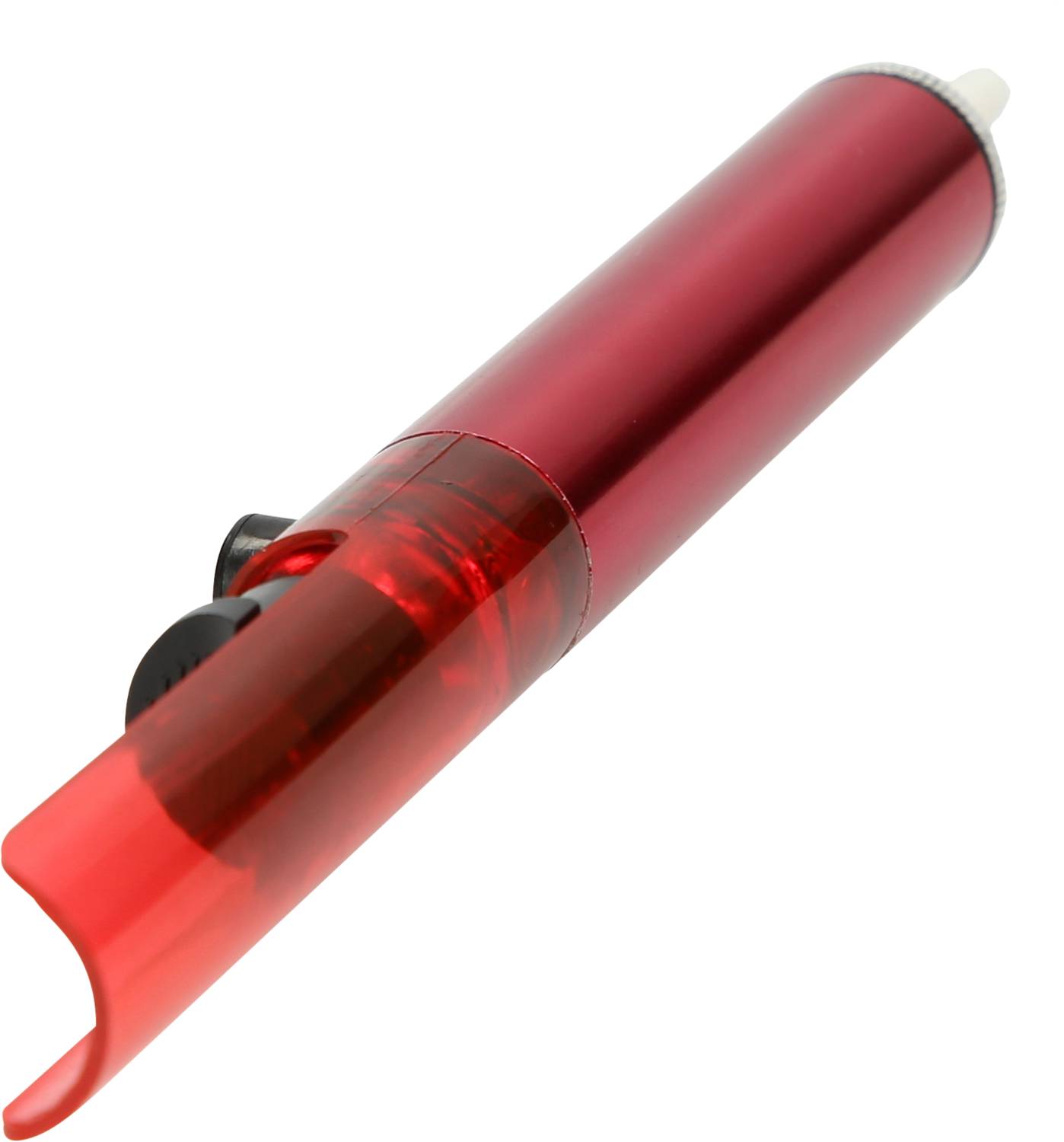 Stylo-feutre rouge, transparent, avec bouton-poussoir et pointe blanche, légèrement incliné.