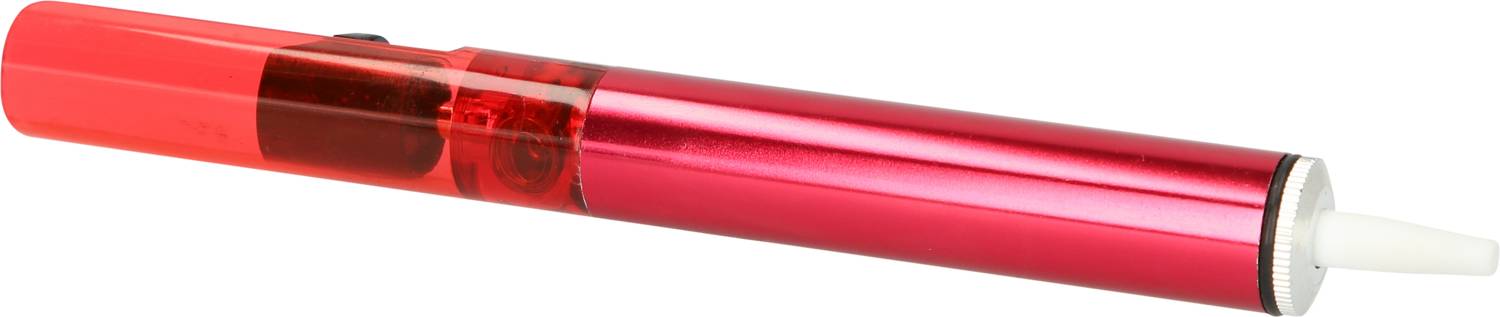 Fer à souder rouge à embout, avec pointe visible et partie manche transparente ; adapté pour des travaux de soudure délicats.