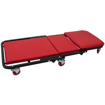 Lit mécanique rouge, pliable, avec un cadre noir et quatre roues, destiné aux travaux nécessitant d'être proche du sol.