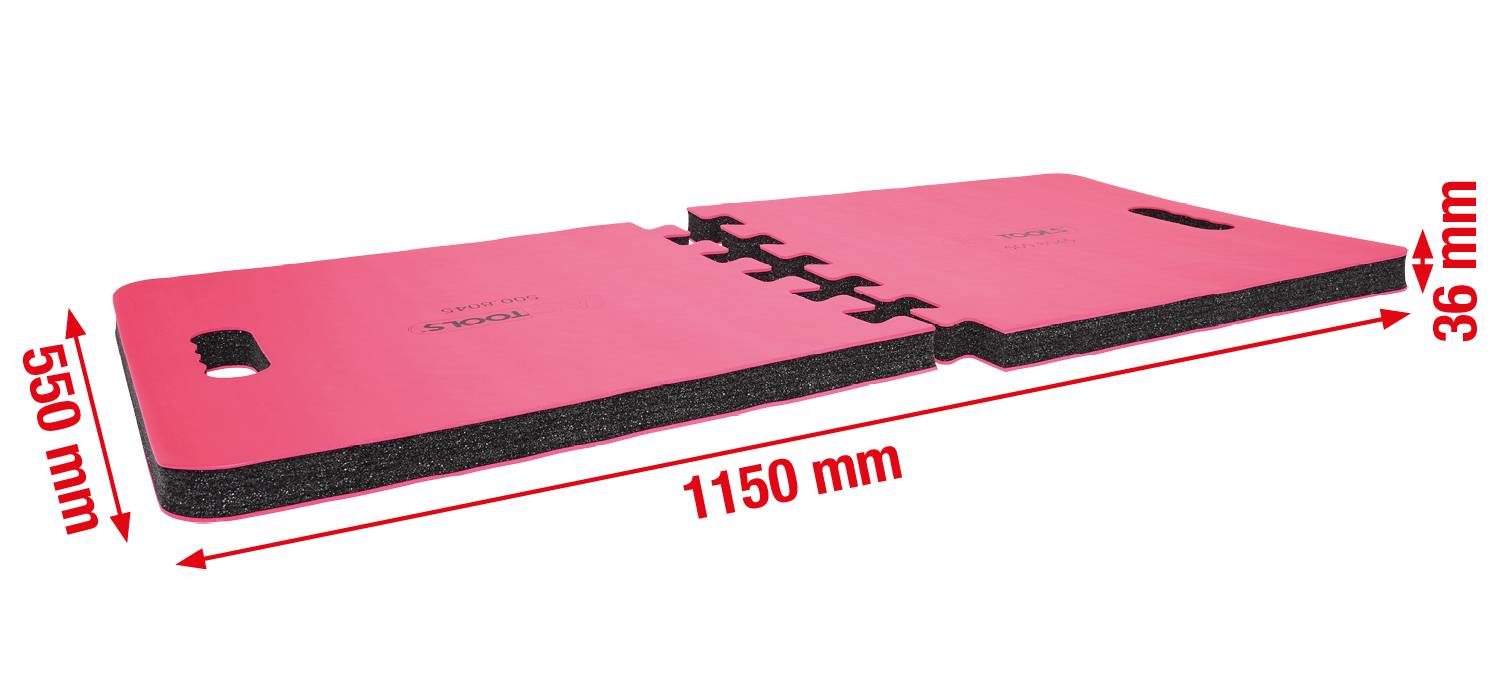 Protège-genoux pliables en caoutchouc Rosa avec poignées. Dimensions : 1150 mm de longueur, 550 mm de largeur, 36 mm d'épaisseur. Idéal pour les travaux de jardinage.