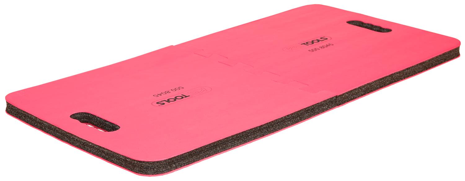 Tapis de fitness rouge avec des poignées noires aux extrémités, rabattable sur un côté. Idéal pour les séances de gymnastique et de yoga.