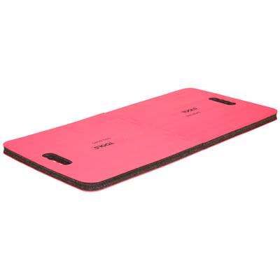 Tapis de fitness rouge avec des poignées noires aux extrémités, rabattable sur un côté. Idéal pour les séances de gymnastique et de yoga.