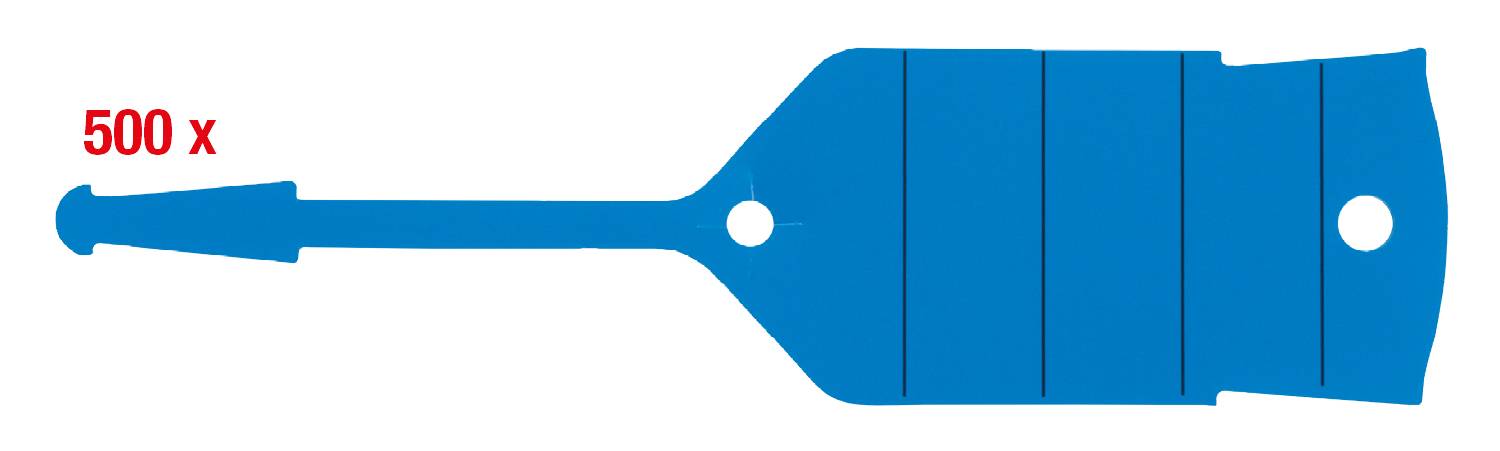 Un objet bleu en forme de pelle avec des trous, à côté duquel est écrit '500 x' en rouge.