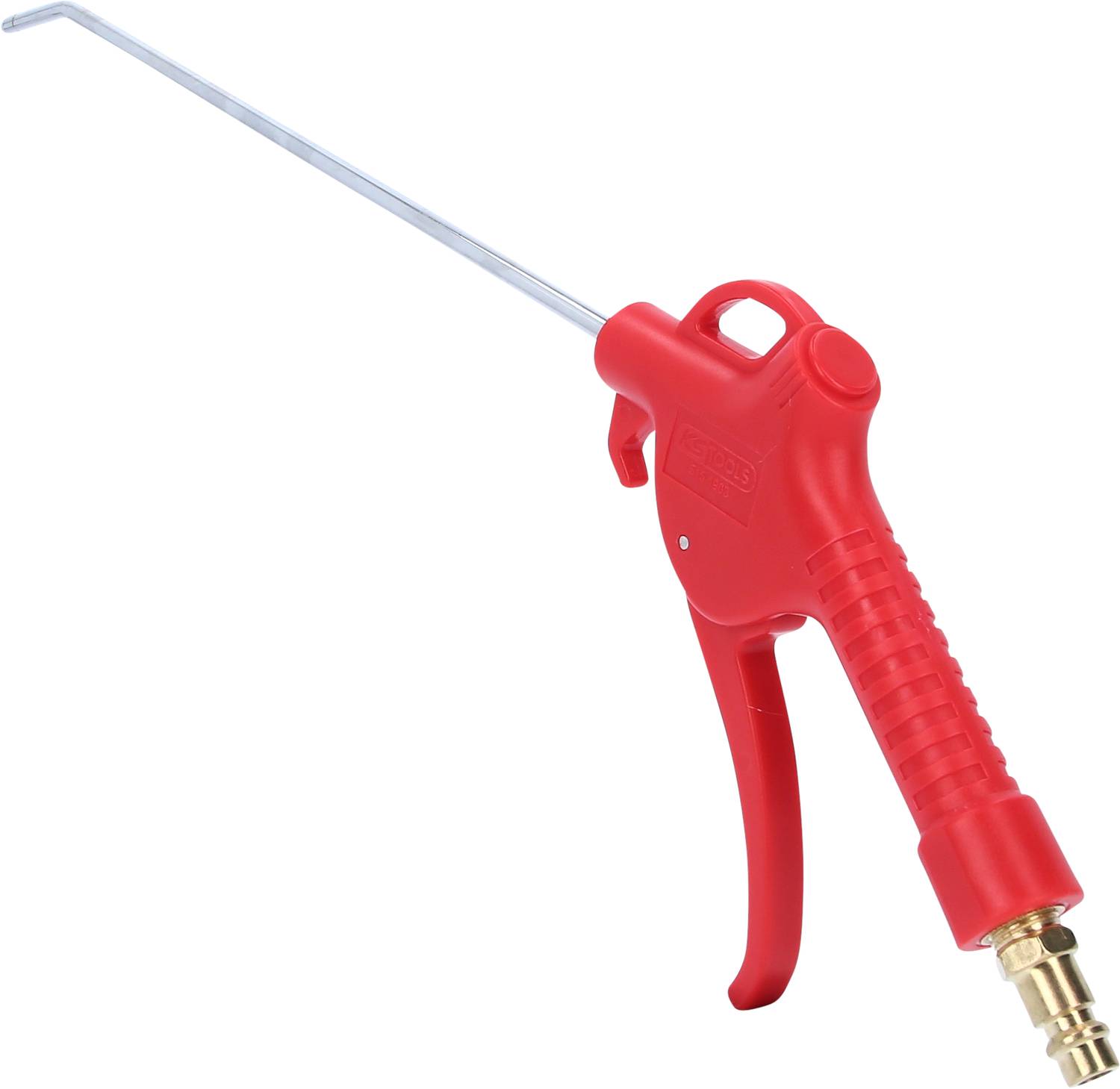 L'illustration montre un pistolet pneumatique rouge avec une sortie longue et étroite et une poignée ergonomique.