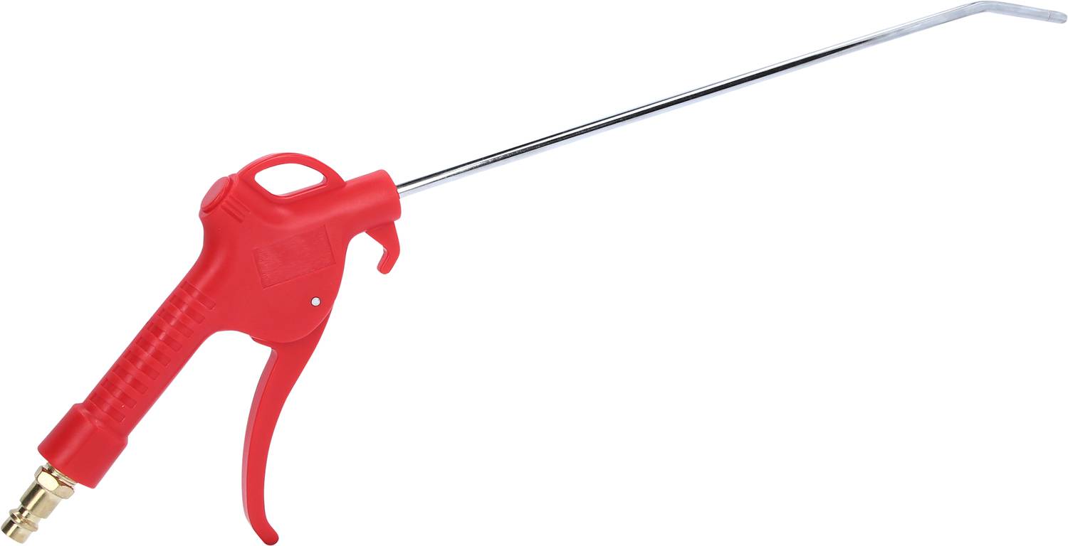 Pistolet à air comprimé rouge avec un long canon métallique droit et un raccord en laiton, utilisé pour nettoyer des endroits difficiles d'accès.
