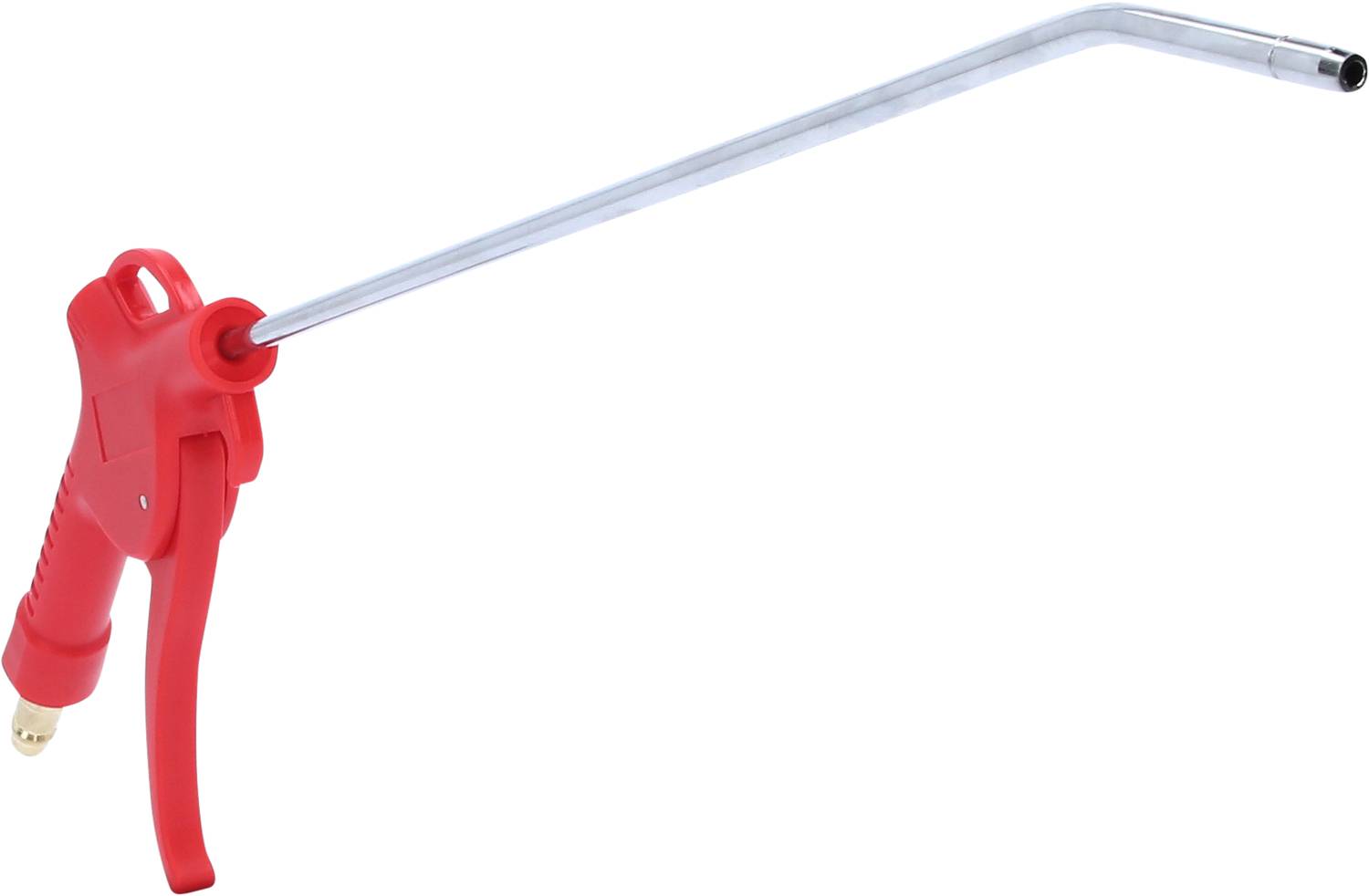 Un pistolet pneumatique rouge avec un long tube d'éjection argenté, adapté pour le nettoyage ou le séchage de surfaces.